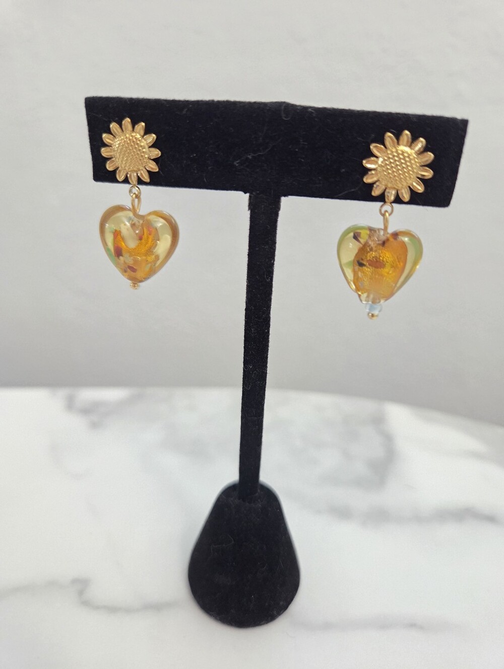 Gold Sunflower Amber Heart Dangle Drop Earrings Stainless Steel Boho Jewelry - Picture 10 of 13